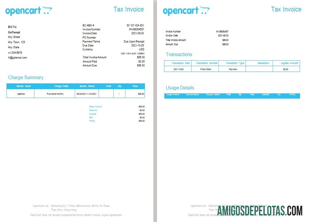 Fatura fiscal OpenCart de Hong Kong exemplo